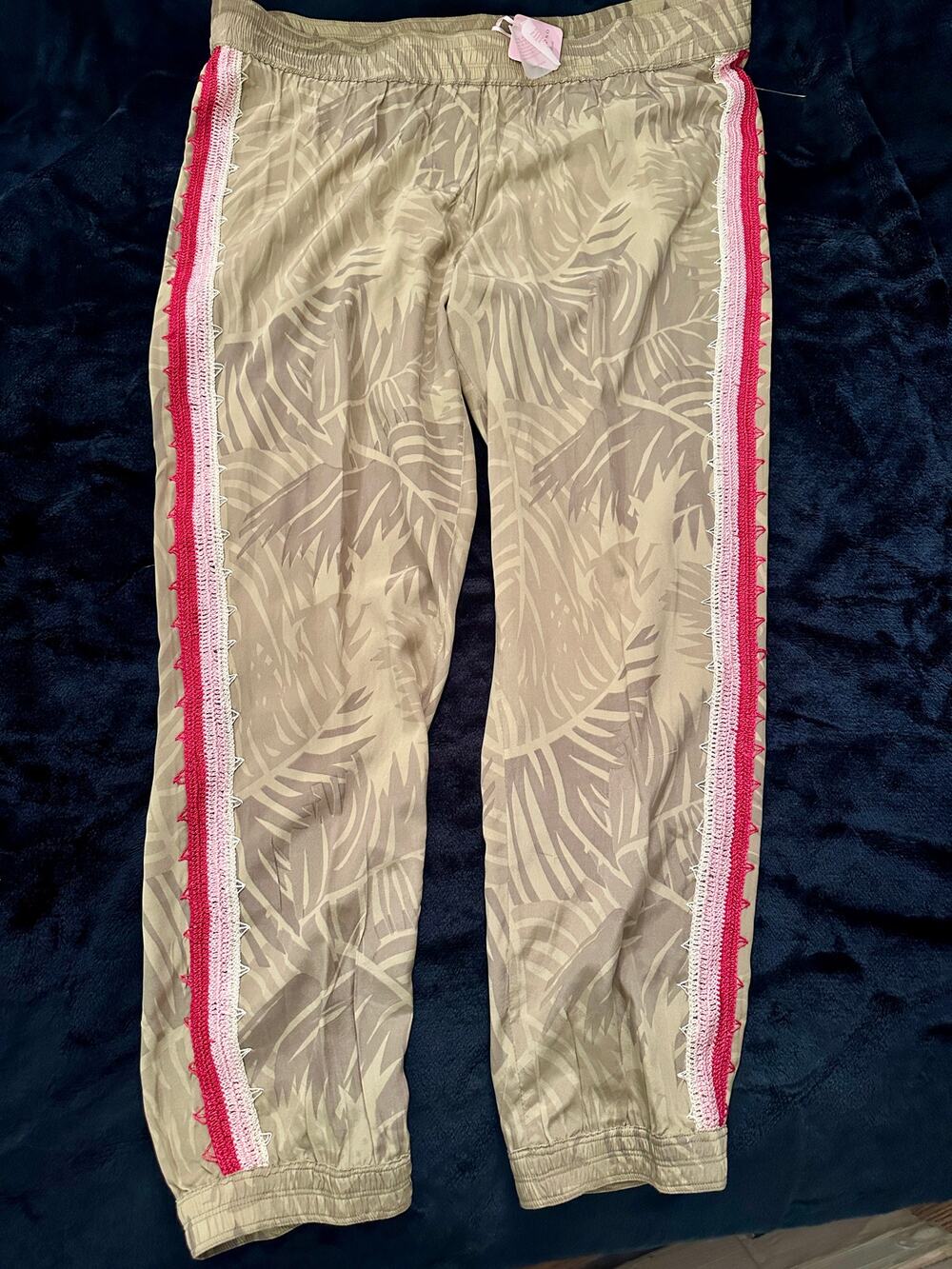 NWT $295 CALYPSO ST. BARTH SILK PRINT RIDA JOGGERS PANTS W/CROCHET TRIM M